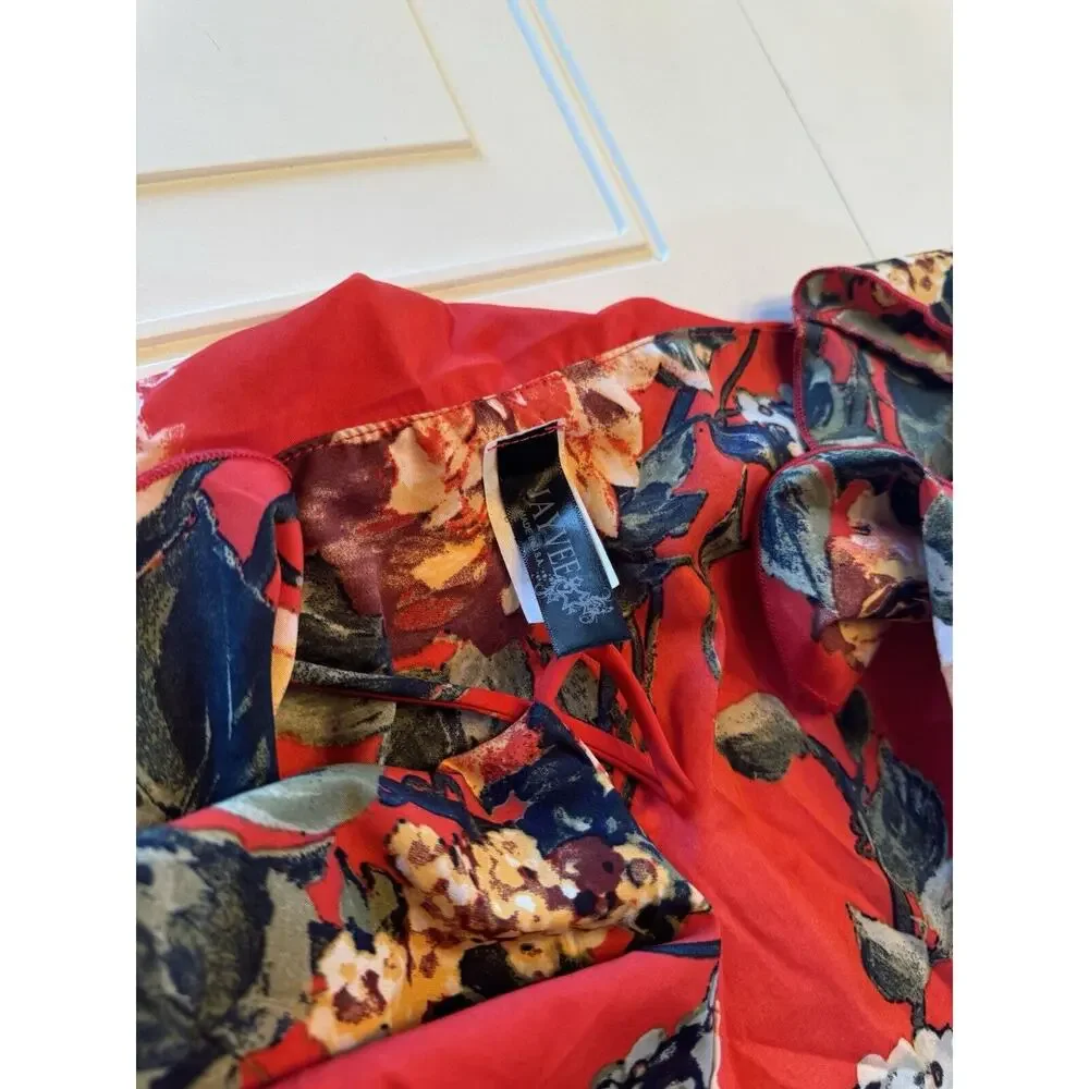 Jayvee Red Floral Ruffle Neck Waist Tie Chiffon Wrap Style Shirt, Sz L - Picture 4 of 7